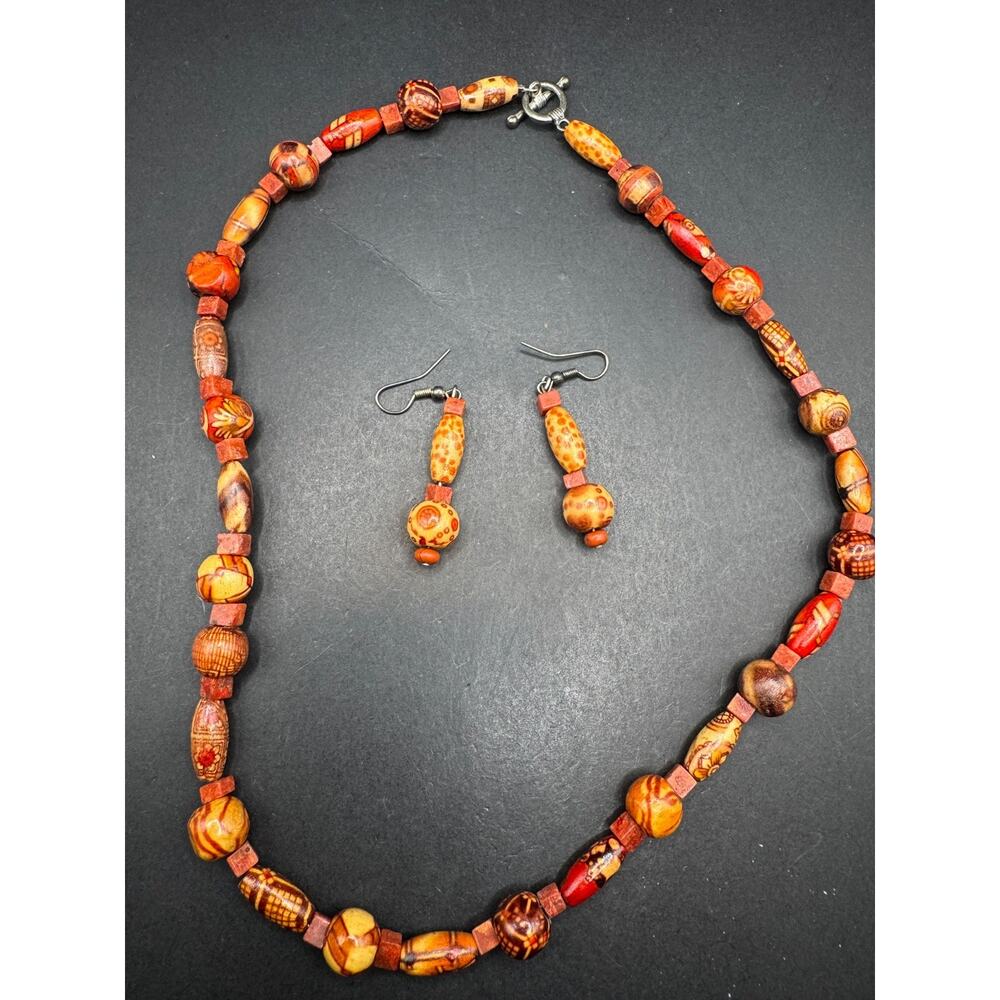 Vintage Style Boho Carved Orange Wood Beads Necklace Dangling Earrings Set